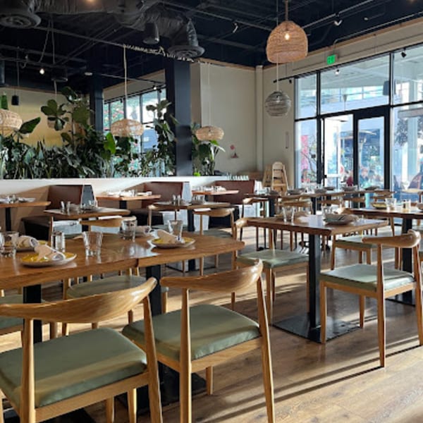 Nardò Italian Restaurant's dining room with wooden tables, green chairs, and large windows.