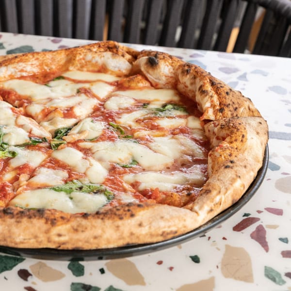 Nardò Italian Restaurant's Margherita pizza with a thick, bubbly crust, fresh mozzarella, and basil.