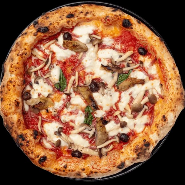 Nardò Italian Restaurant's mushroom and olive pizza with a crispy crust, tomato sauce, and mozzarella.